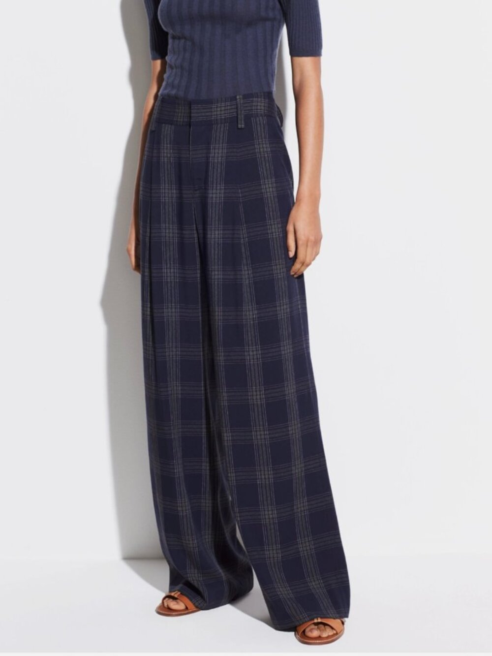 Vince Pleated Front Plaid Wide-Leg Trousers